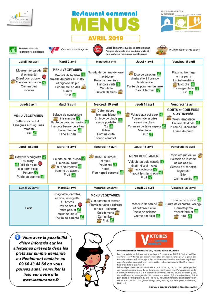 Menus Avril - La Couronne